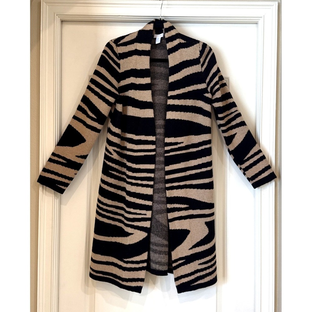 Chicos Long Zebra Print Cardigan Sweater Open Front Black & Brown Size‎ 1 Boho